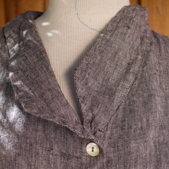 Flax 100% Linen Charcoal Grey Short Sleeve Button Down Blouse - Picture 5 of 14